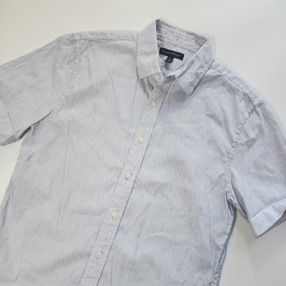 Banana Republic Linen Shirt Men S Blue Button Up Chambray Beach Short Sleeve EUC